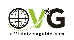 OfficialVisaGuide logo featuring a globe, OVG letters, airplane, and green swoosh on black background